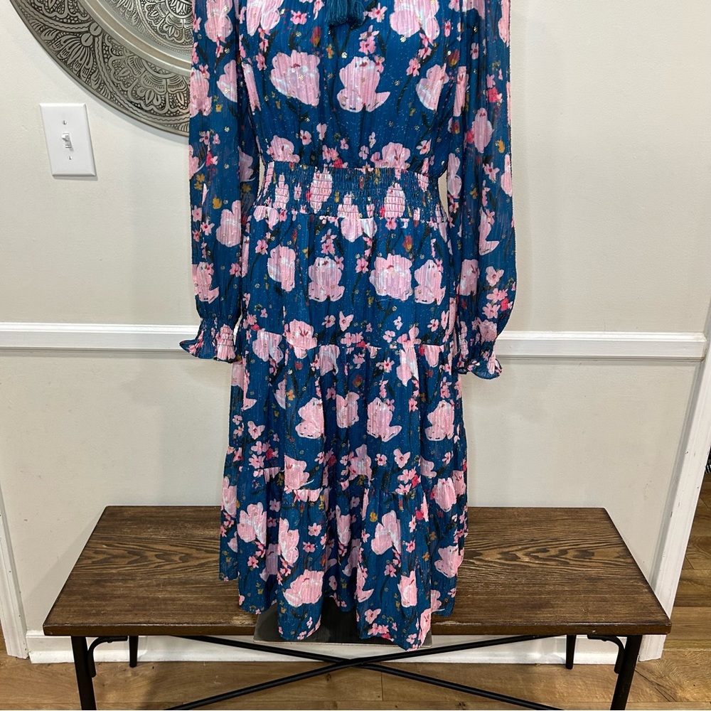 Jade - Melody Tam Blue Midi Dress with Pink Flowers - Gold Accents Size M - Picture 3 of 10
